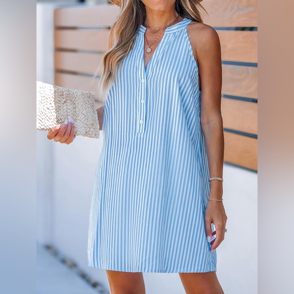 Blue and White Striped Sleeveless Dress